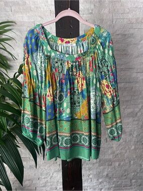 Figureoa & Flower Boho Multicolor Printed Peasant Blouse Size L